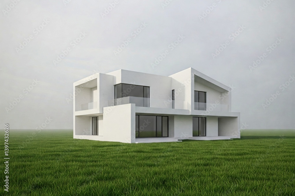 A modern minimalist house in the middle of a green field A modern minimalist house in the middle of a green field