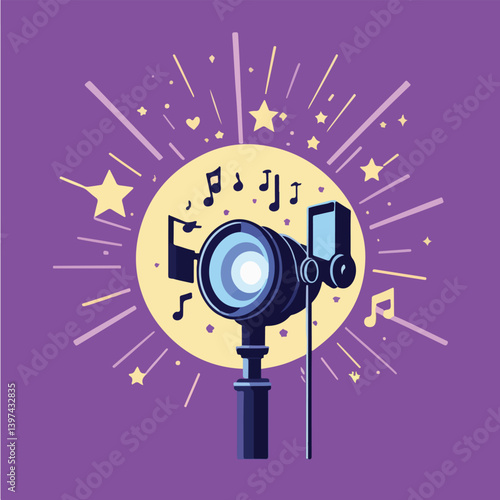 flat vector stage spotlight with stars and musical notes