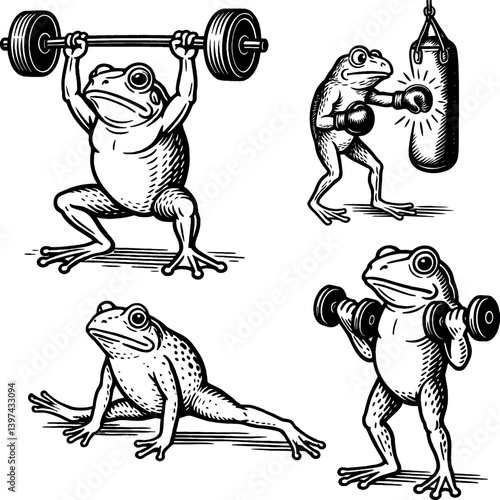 set frog fitness boxing barbell hand drawn black and white vector