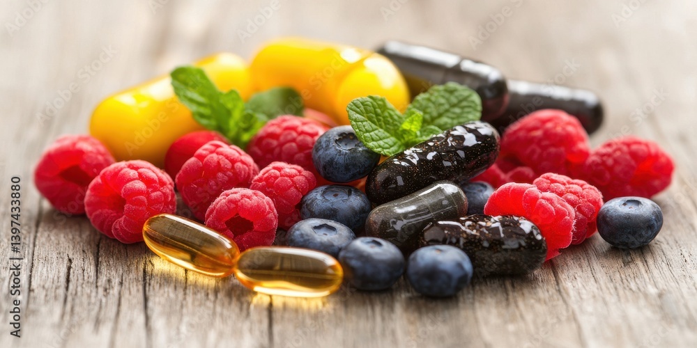 Colorful chewy supplements and berries on rustic wooden table representing alternative health nutrition gummy vitamin synergy in vibrant natural setting visualized in top down view Colorful chewy supplements and berries on rustic wooden table representing alternative health nutrition gummy vitamin synergy in vibrant natural setting visualized in top down view