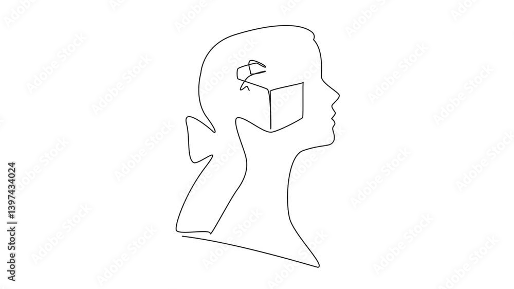 Self drawing animation of single one line drawing head of woman with gift box in the middle of her head. Expect the most beautiful gift from loved one. Inside the Head of Woman. Full length animated Self drawing animation of single one line drawing head of woman with gift box in the middle of her head. Expect the most beautiful gift from loved one. Inside the Head of Woman. Full length animated