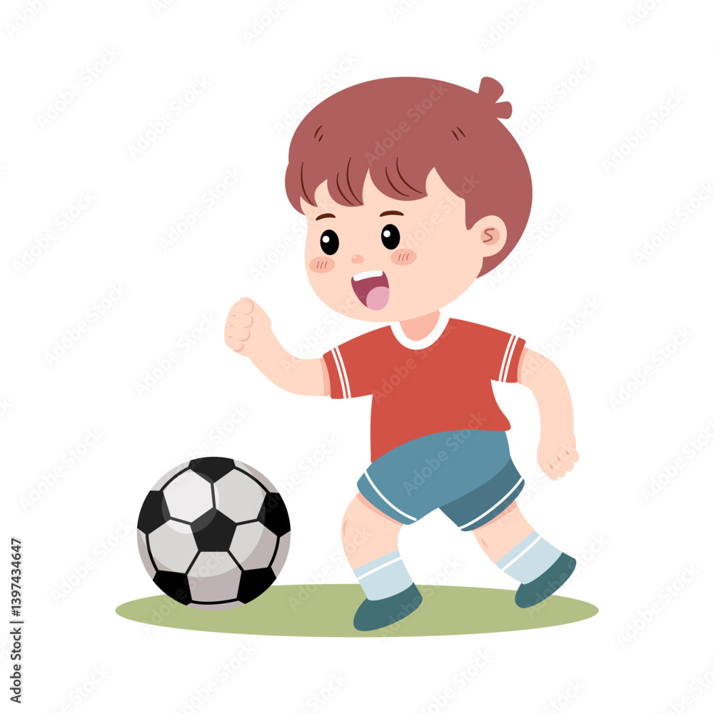 A cheerful young boy is actively playing football, running with excitement towards the ball on a patch of green. Vector illustration. A cheerful young boy is actively playing football, running with excitement towards the ball on a patch of green. Vector illustration.