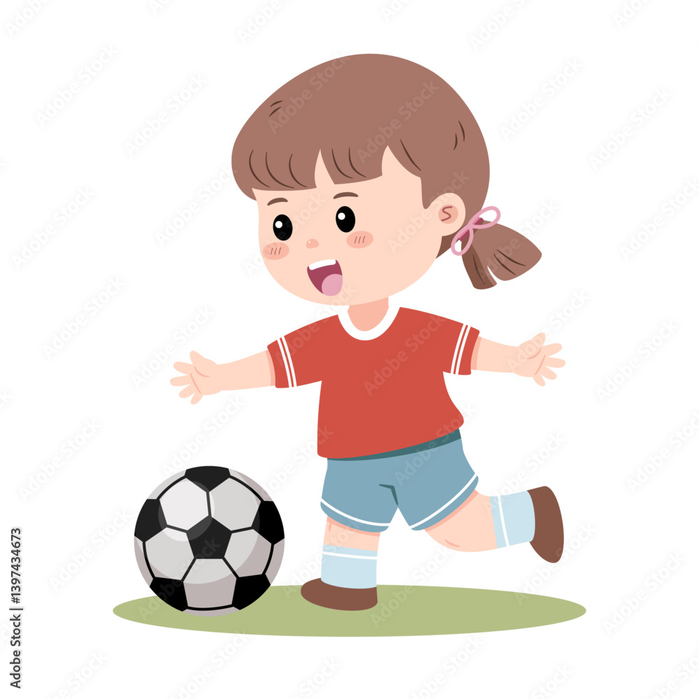 A cheerful little girl is actively playing football, about to kick the ball with a happy expression on a patch of green. Vector illustration. A cheerful little girl is actively playing football, about to kick the ball with a happy expression on a patch of green. Vector illustration.