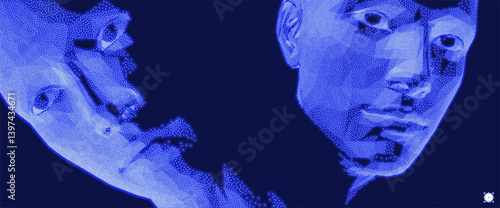 Network forming AI human face. Technology and robotics concept. Anonymous social masking. Dialogue, contact, conversational exchange between two individuals. Cyber security vector illustration.