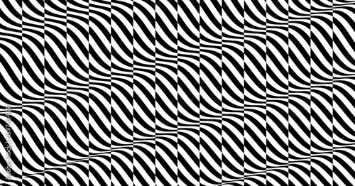 Wavy background. Black and white pattern. Optical illusion dynamic pattern with displacement from multiple sliced lines. Abstract striped backdrop. 3d surreal vector for brochure, presentation, etc.
