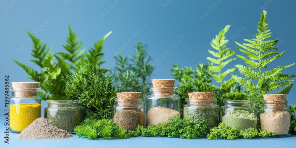 Fototapeta premium Assortment of herbs in biodegradable pots placed on neutral surface with blue background representing sustainable plant growth and indoor gardening concept in natural eco friendly setup