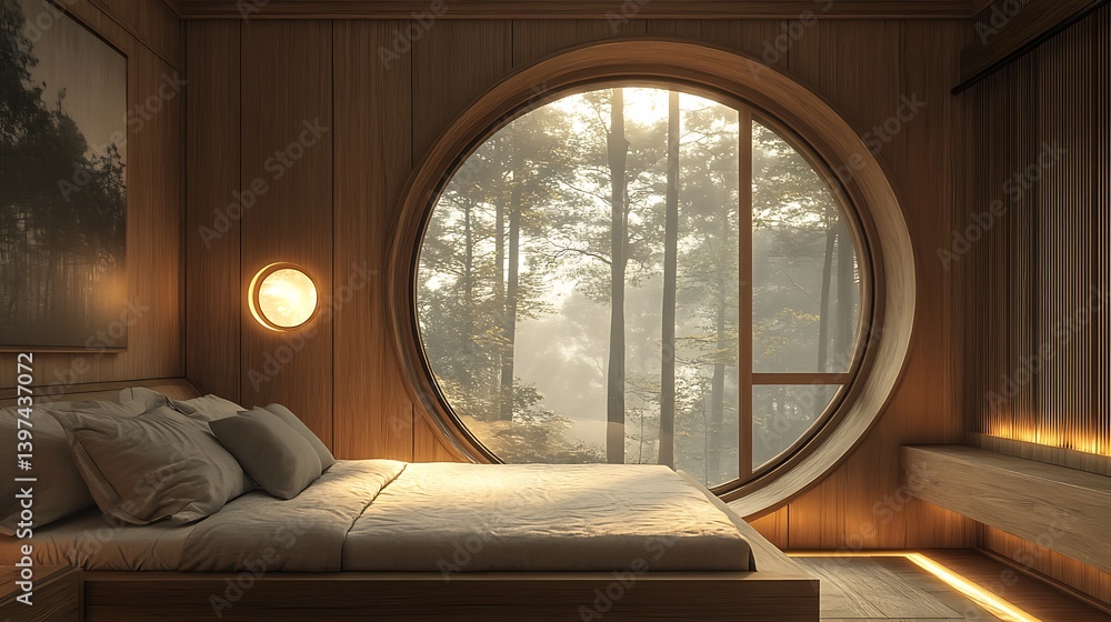 Fototapeta premium Designer cabin bedroom with natural textures, top-down view of the interior showing loft bed, clean wooden surfaces, a glowing forest behind a foggy round window, subdued color scheme.