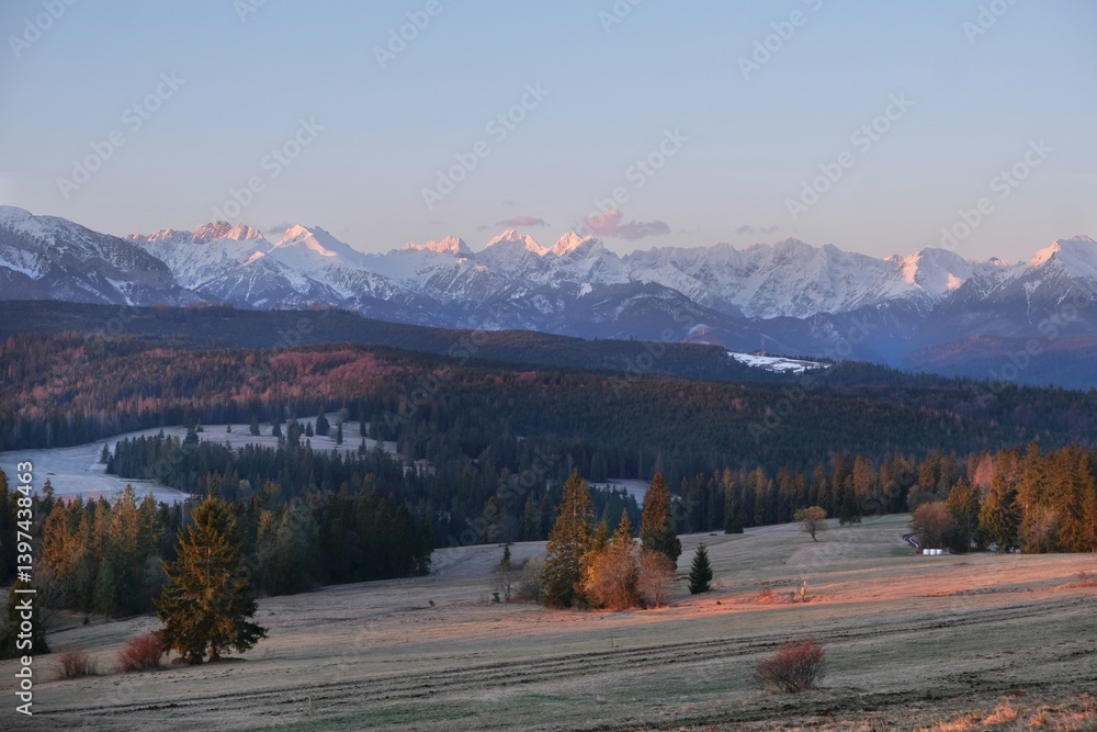 The snow-capped peaks of the High Tatras mountains in sunrise light from viewpoint Pass over Lapszanka (Pass over Łapszanka), Podhale, Poland
