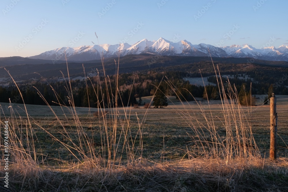 The snow-capped peaks of the High Tatras mountains in sunrise light from viewpoint Pass over Lapszanka (Pass over Łapszanka), Podhale, Poland
