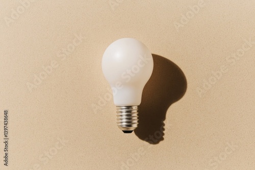 Minimalist light bulb casting soft shadow on warm beige backgrou