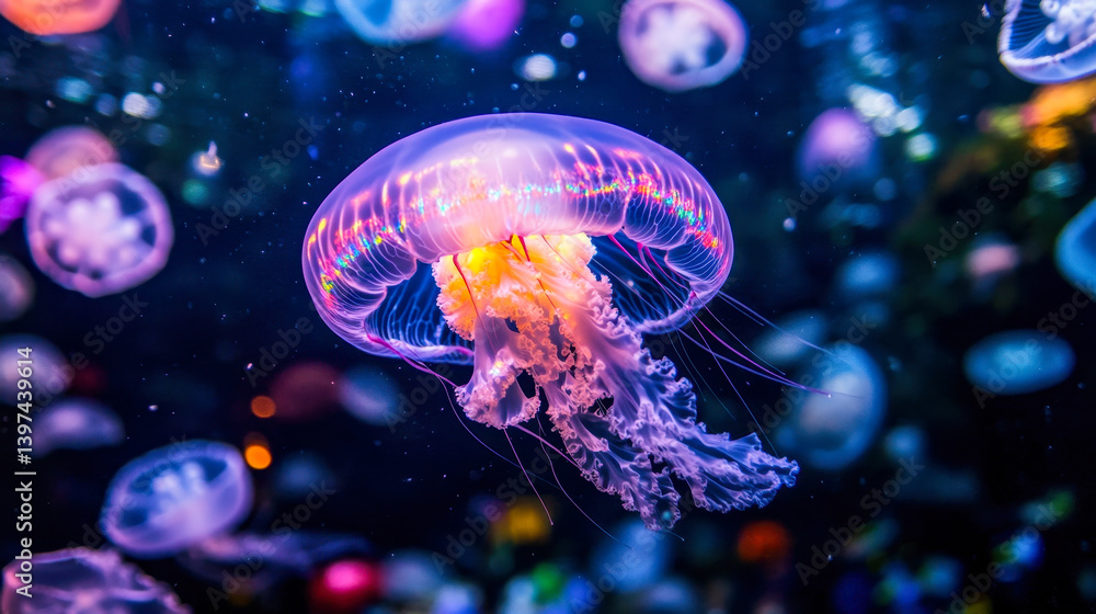 Fototapeta premium Giant luminous jellyfish drifts gracefully among smaller jellyfish in dark ocean waters