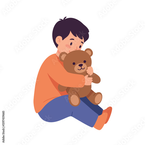 A young boy joyfully hugging a soft teddy bear while sitting on the floor in a cozy setting, illustrated in a flat and colorful vector art style