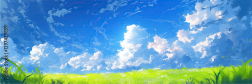 wide panorama view on green field and blue sky with white clouds in anime style vector illustration