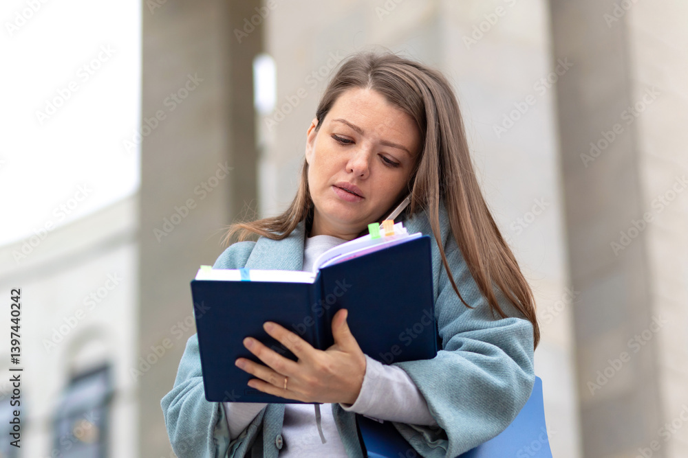 busy businessman with folder, documents talking on phone, woman organizer writing note data deadline, in diary, lady in hurry outdoors near business center busy businessman with folder, documents talking on phone, woman organizer writing note data deadline, in diary, lady in hurry outdoors near business center