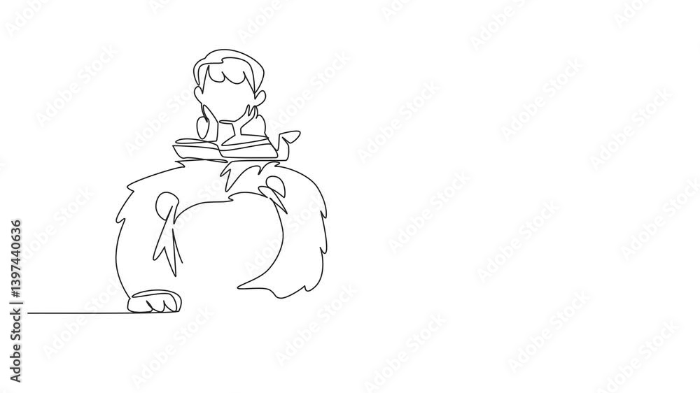 Animation of continuous one line drawing boy reading book on cute lion. Symbolizing the importance of seeking knowledge even in danger. Boy Reading Book at Animal Back. Full length motion