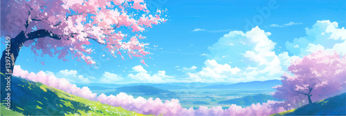 wide panorama view on pink sakura cherry blossom and blue sky with white clouds