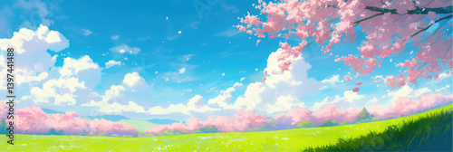 wide panorama view on pink sakura cherry blossom and blue sky with white clouds