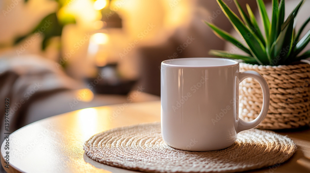 Relaxing coffee moment with a white mug on a wooden table and minimalist plant decor