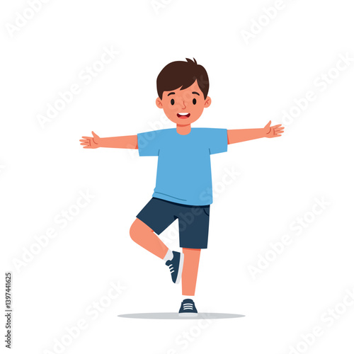 Happy young boy in a blue t-shirt and shorts balancing on one leg in a playful pose, flat vector illustration