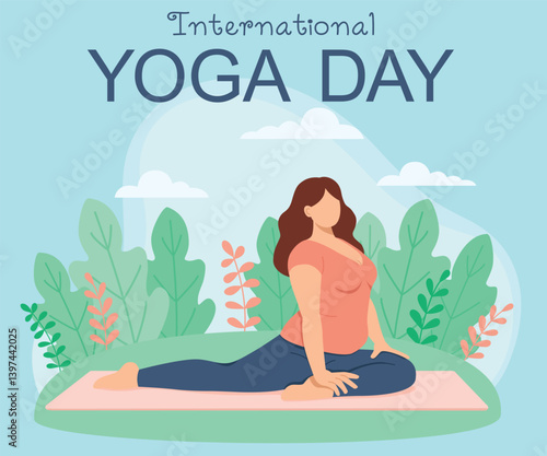 International yoga day poster with curvy woman practicing yoga. Illustration with a girl doing fitness outdoors