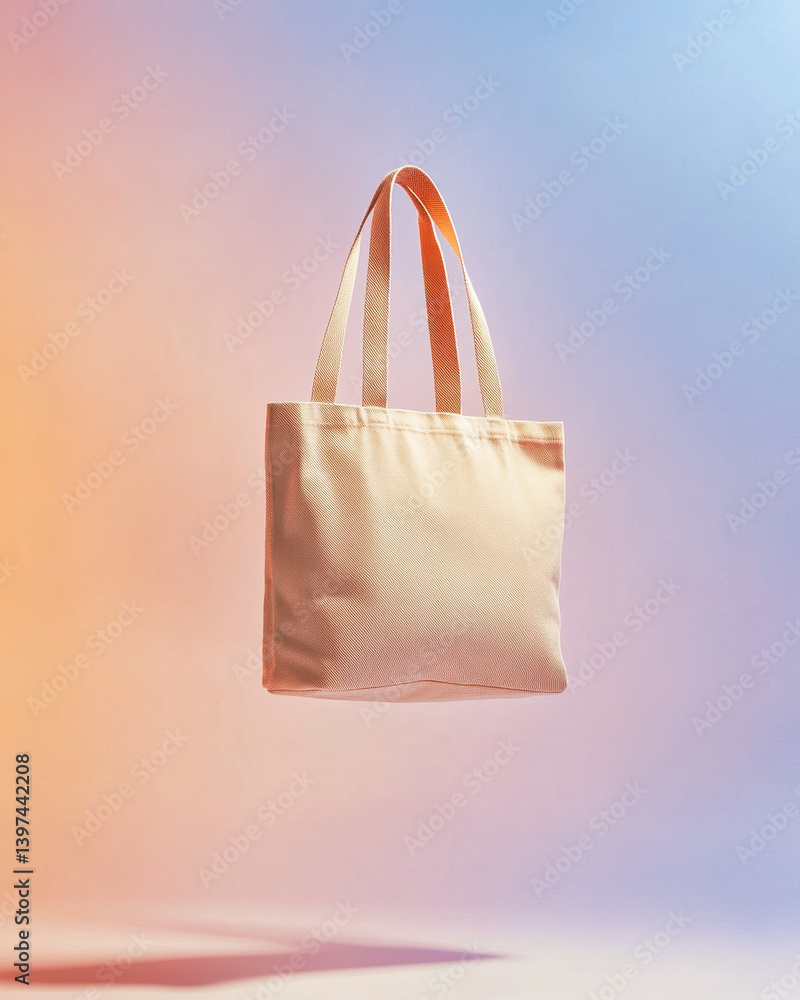 Beige cotton tote bag floating effortlessly against a modern gradient backdrop
