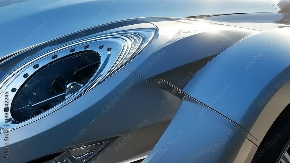 Close-up view of a sleek vehicle's engine component against a clear blue sky backdrop Close-up view of a sleek vehicle's engine component against a clear blue sky backdrop