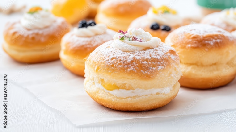 Assorted pastries with creamy fillings and dusting Assorted pastries with creamy fillings and dusting