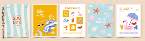 Summer banner, poster, cover, card set with cute beach & vacation hand drawn doodle elements. Vector design template for sale, discount, branding, social media ads, promo, greetings.