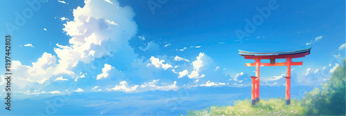 wide panorama view on traditional japanese torii gate and blue sky with white clouds in anime style