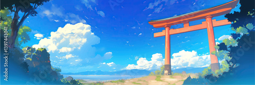 wide panorama view on traditional japanese torii gate and blue sky with white clouds in anime style