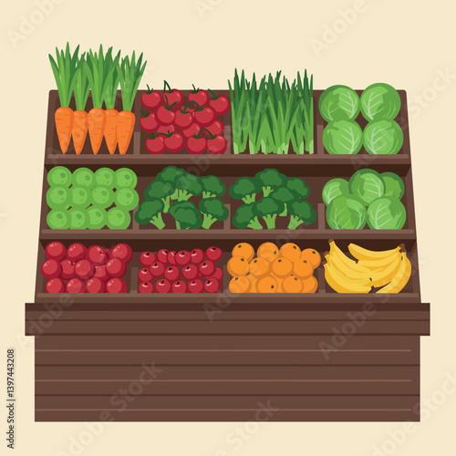 Fresh vegetables and fruits displayed on a wooden market stand in flat design vector art
