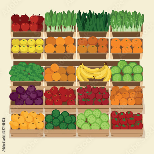 Colorful arrangement of fresh fruits and vegetables in wooden crates, showcasing vibrant colors in a flat vector illustration