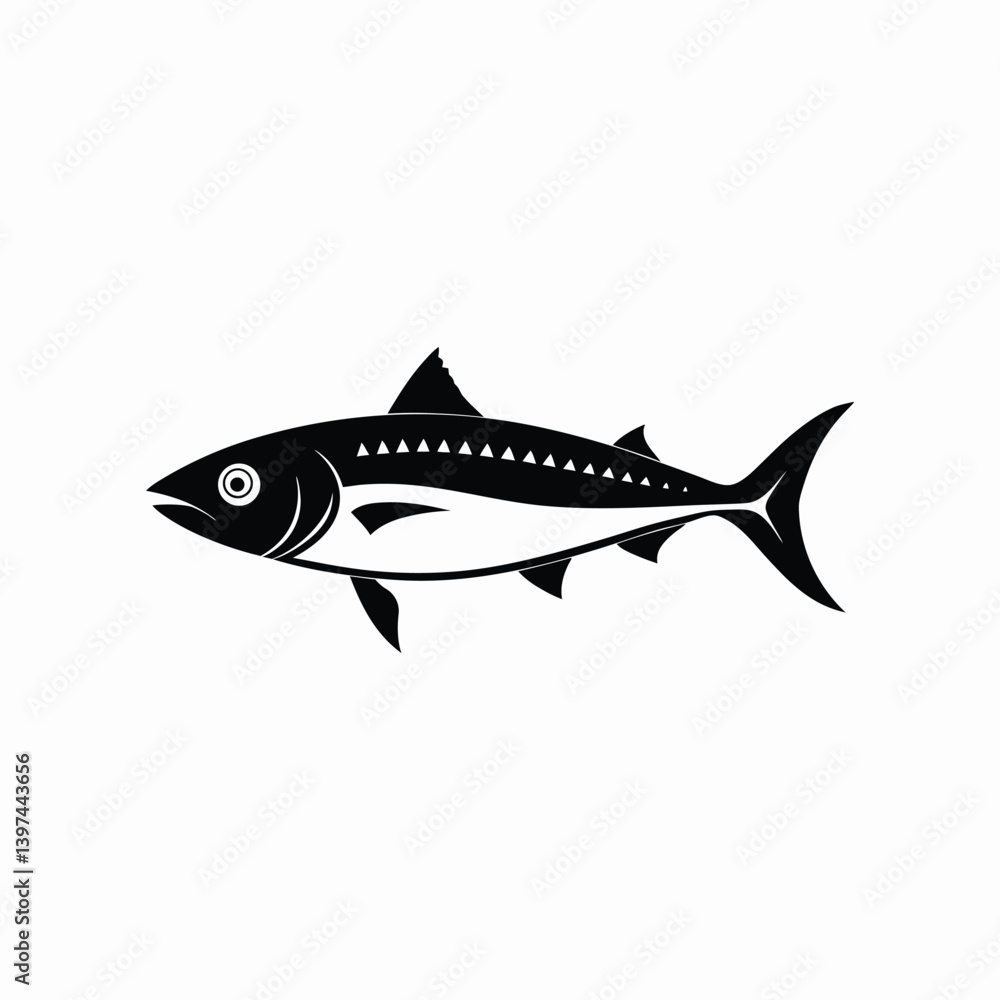 Fototapeta premium Black and white Atlantic mackerel (Scomber scombrus) side view illustration on white background.eps