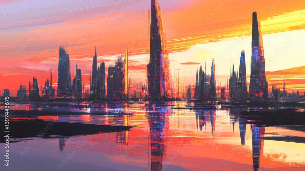 Fototapeta premium Cybernetic cityscape featuring sharp skyscrapers and vibrant neon reflections during sunset