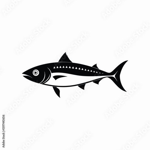 Black and white Atlantic mackerel (Scomber scombrus) side view illustration on white background.eps