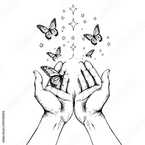 Hands of Transformation: Artistic illustration depicts two hands cradling a butterfly as more flutter upward, symbolizing release and transformation, evoking feelings of freedom.