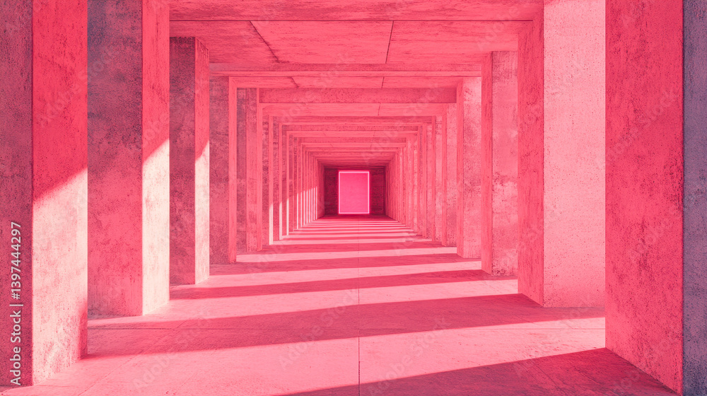 Fototapeta premium Futuristic brutalist tunnel illuminated in neon pink light showcasing geometric symmetry