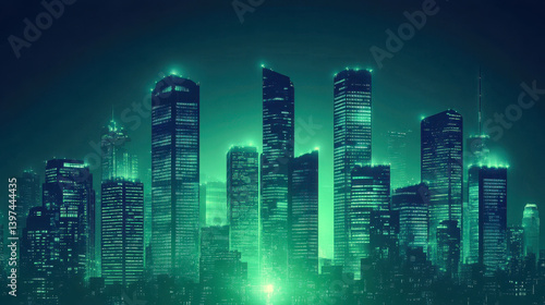 Futuristic city skyline with towering skyscrapers illuminated by neon lights in dark green tones