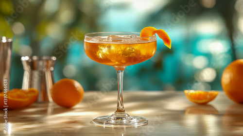 Refreshing martinez cocktail served in a classic glass with citrus garnish on a sunny day by the beach