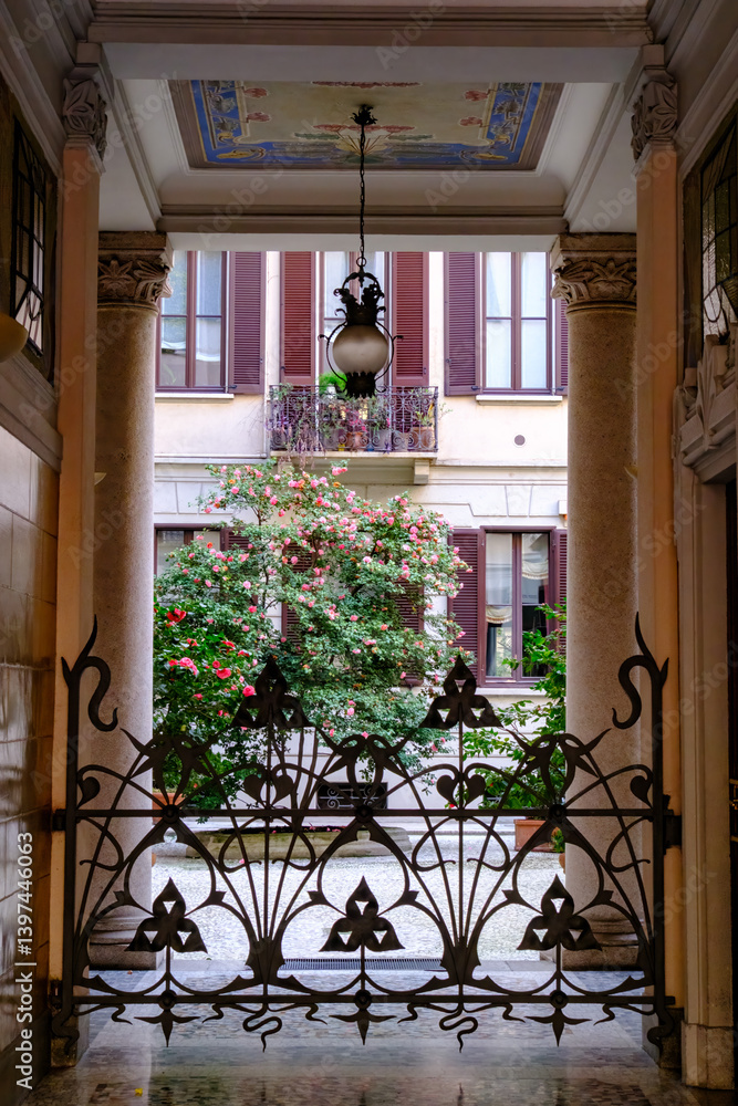 Old residential building along via Petrarca in Milan, Italy