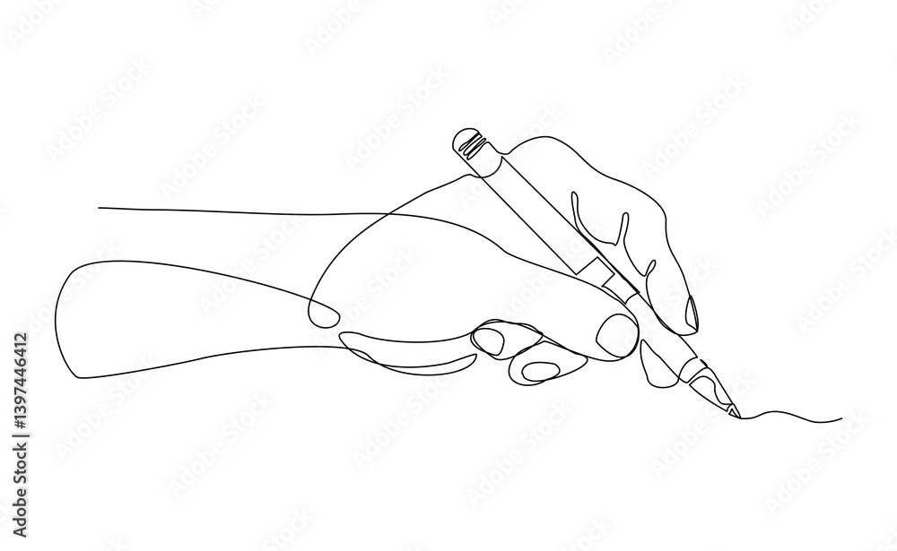 Continuous single line hand holding pen pencil write something sign document and diary. Business and school concept sketch drawing editable stroke vector illustration Continuous single line hand holding pen pencil write something sign document and diary. Business and school concept sketch drawing editable stroke vector illustration