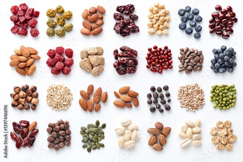 Variety of legumes and pulses grouped and arranged in organized piles by color and type on white background as natural protein source and agricultural nutrition theme