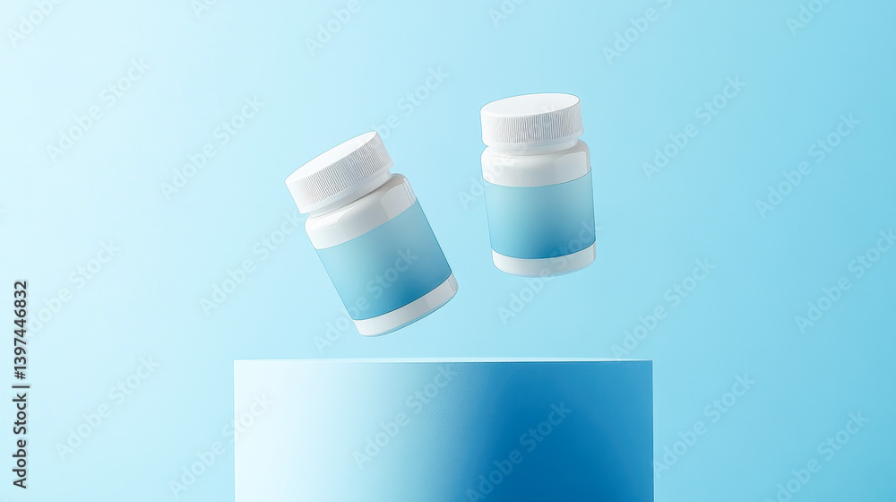 Two supplement bottles suspended above a serene blue backdrop showcasing premium quality Two supplement bottles suspended above a serene blue backdrop showcasing premium quality
