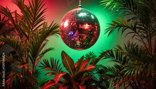 Tropical party ambiance with mirrored disco ball and lush plants, celebration