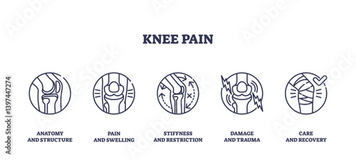 Knee pain icons outline key concepts like anatomy, pain, and recovery. Outline icons set.