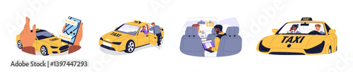 Passengers are in taxi cab set. People order online, rate driver, get into car. Taxicab chauffeur drives automobile, carries clients on back or front seats. Flat isolated vector illustrations on white