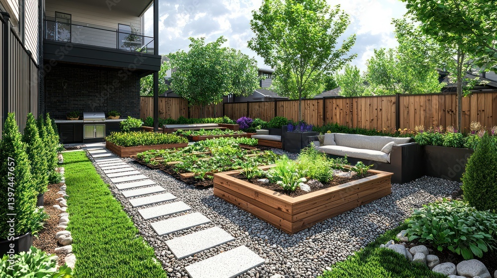 Modern garden with raised beds, patio seating, and a stone path Modern garden with raised beds, patio seating, and a stone path