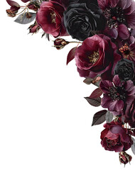 Watercolor dark red, burgundy, marsala, and black roses floral border, vintage victorian gothic style. Botanical corner frame. PNG clipart.