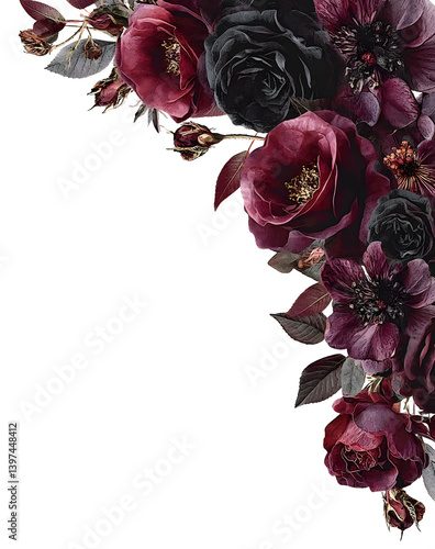 Fototapeta Naklejka Na Ścianę i Meble -  Watercolor dark red, burgundy, marsala, and black roses floral border, vintage victorian gothic style. Botanical corner frame. PNG clipart.