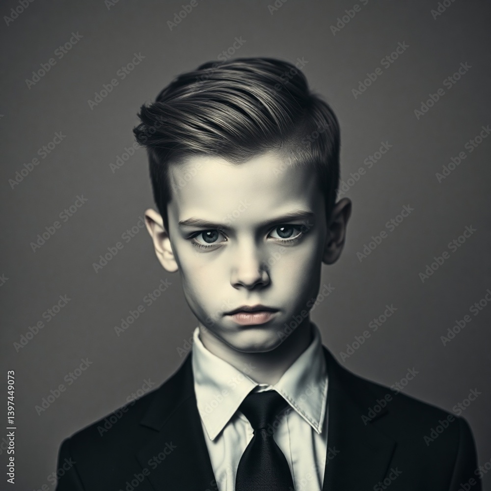 High-resolution stock photo a boy, retro aesthetic, professional grade, commercial use, monochromatic color scheme, high contrast, serious expression, slicked back hair, fair skin High-resolution stock photo a boy, retro aesthetic, professional grade, commercial use, monochromatic color scheme, high contrast, serious expression, slicked back hair, fair skin